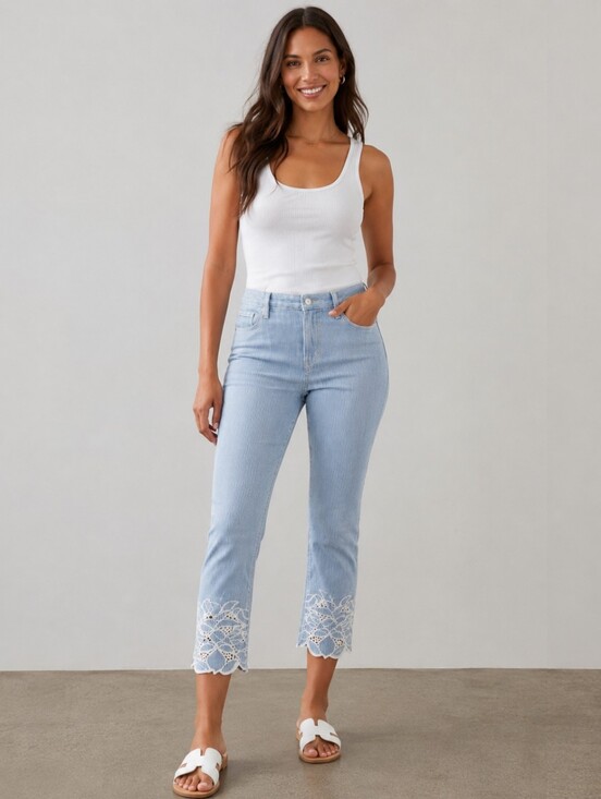 Chico's Denim - ❤ CHICO'S EMBROIDERED HEM GIRLFRIEND SLIM LEG CROP JEANS - BLUE, WHITE STRIPE 8P